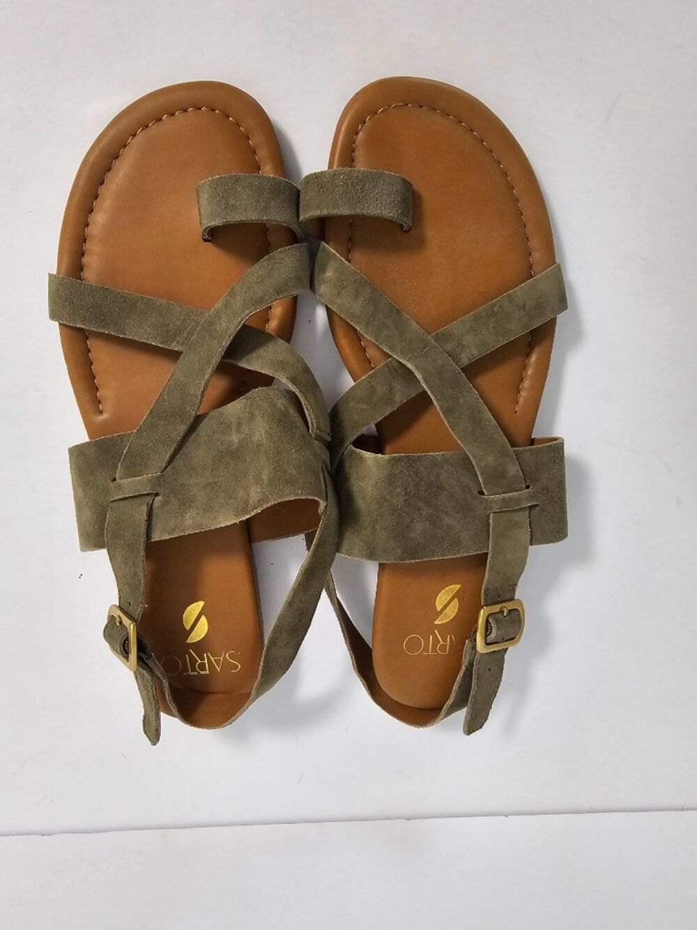 Franco Sarto Sandals Gia Olive Green Suede Boho Buckle Toe Loop 8.5 - Picture 8 of 10